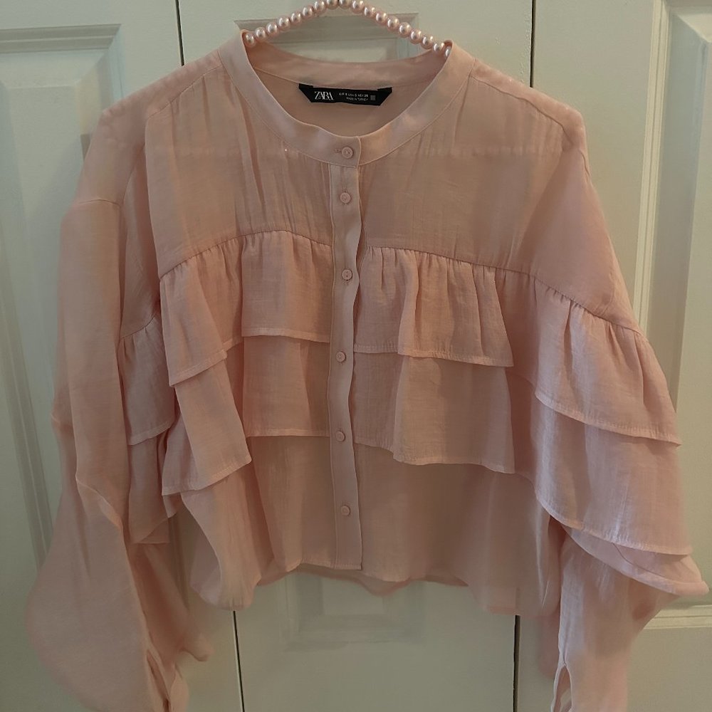 Zara Sheer Pink Size S Ruffled L/S Blouse